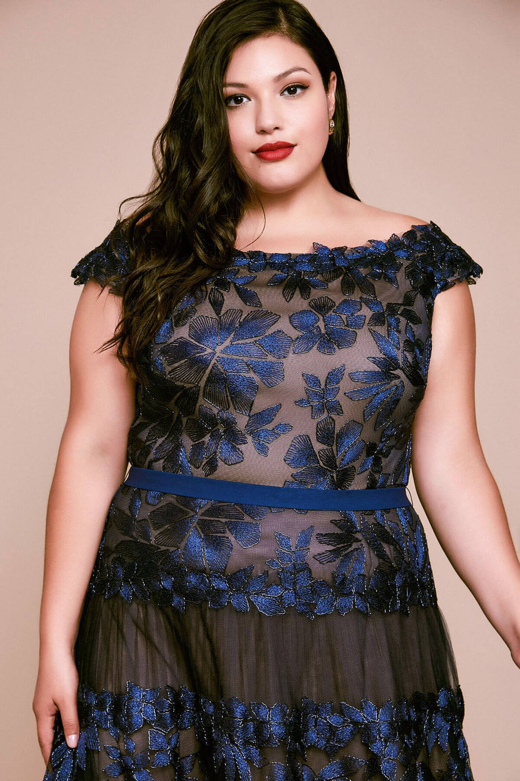 Adriane Floral Embroidered Tea-Length Dress - PLUS SIZE