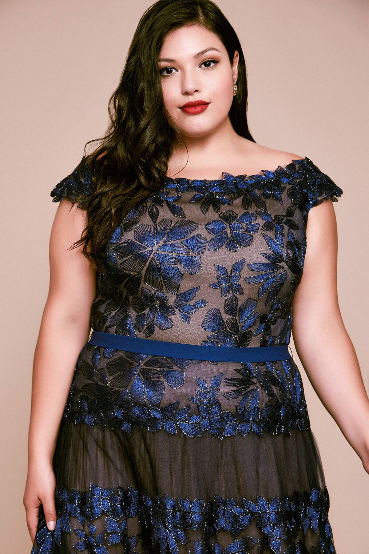 Adriane Floral Embroidered Tea-Length Dress - PLUS SIZE