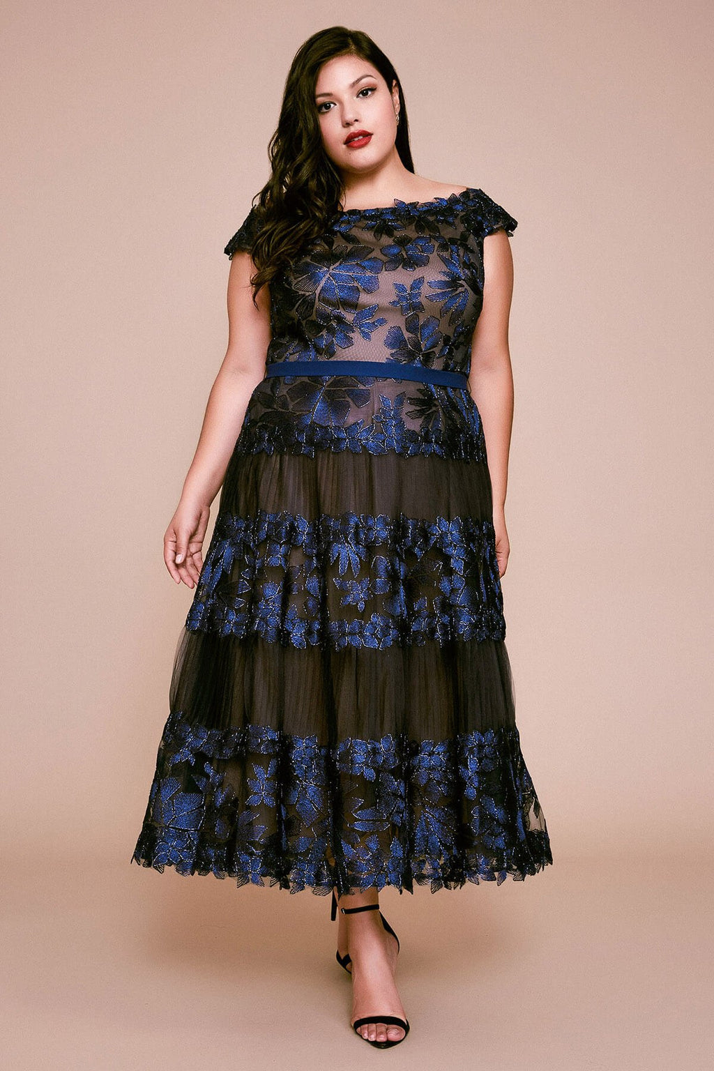 Adriane Floral Embroidered Tea-Length Dress - PLUS SIZE