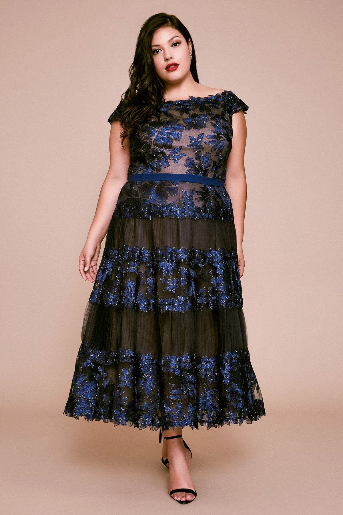 Adriane Floral Embroidered Tea-Length Dress - PLUS SIZE