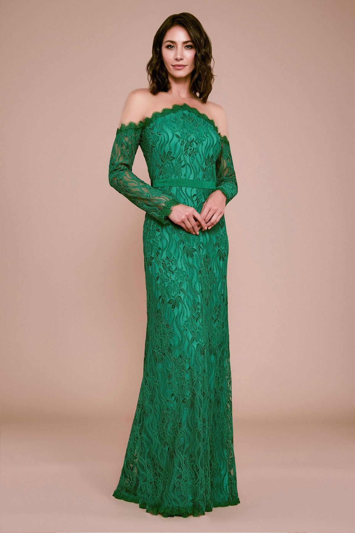 Vera Long-Sleeve Embroidered Lace Gown