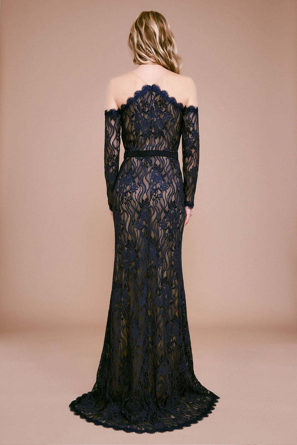 Vera Long-Sleeve Embroidered Lace Gown