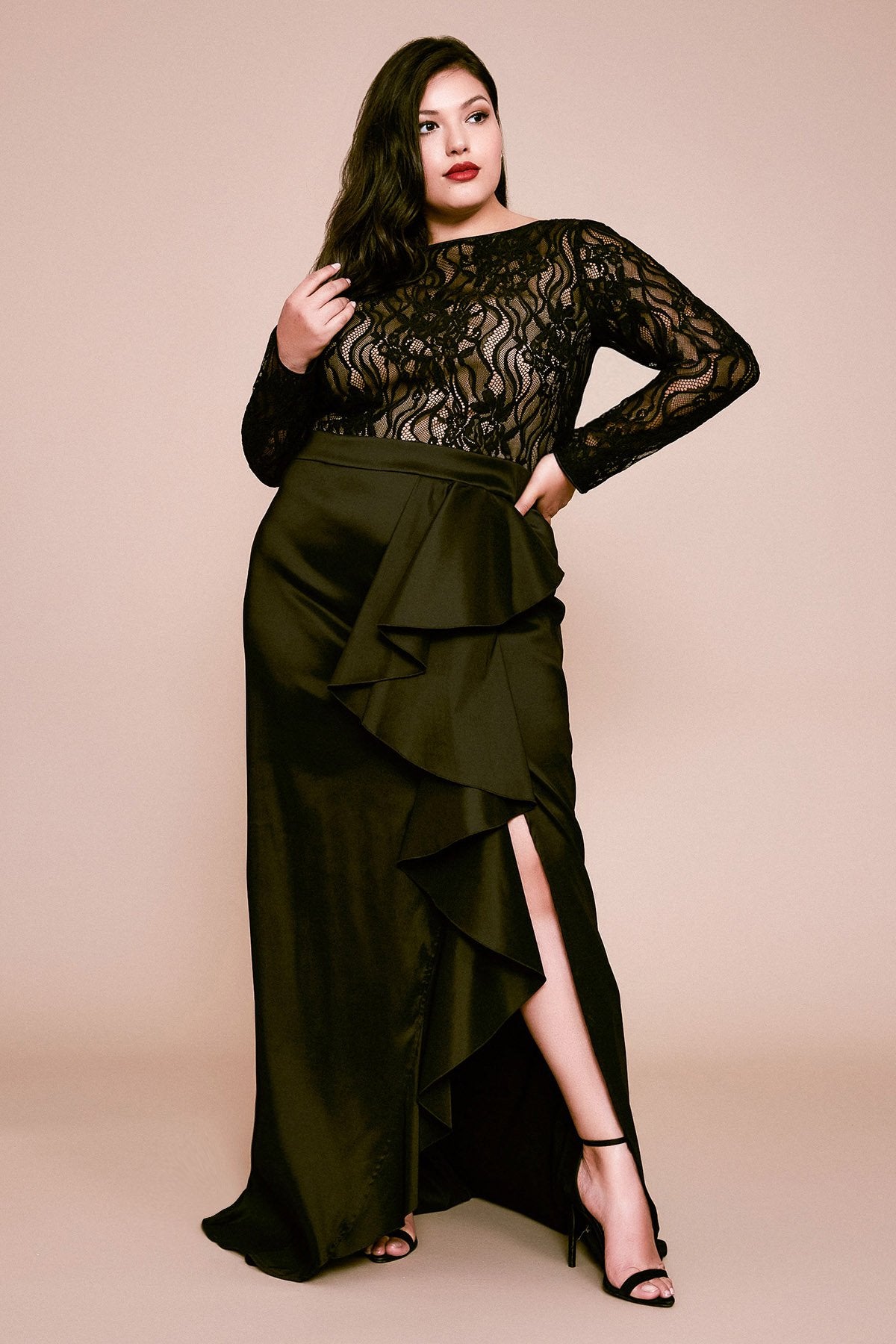 Tadashi Shoji - Nyx Ruffled Taffeta Slit Gown - PLUS SIZE