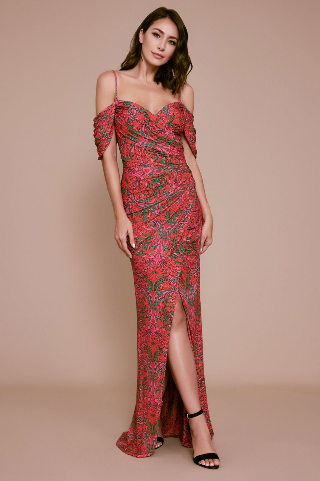 Tadashi Shoji - Tulum Draped Mesh Slit Gown