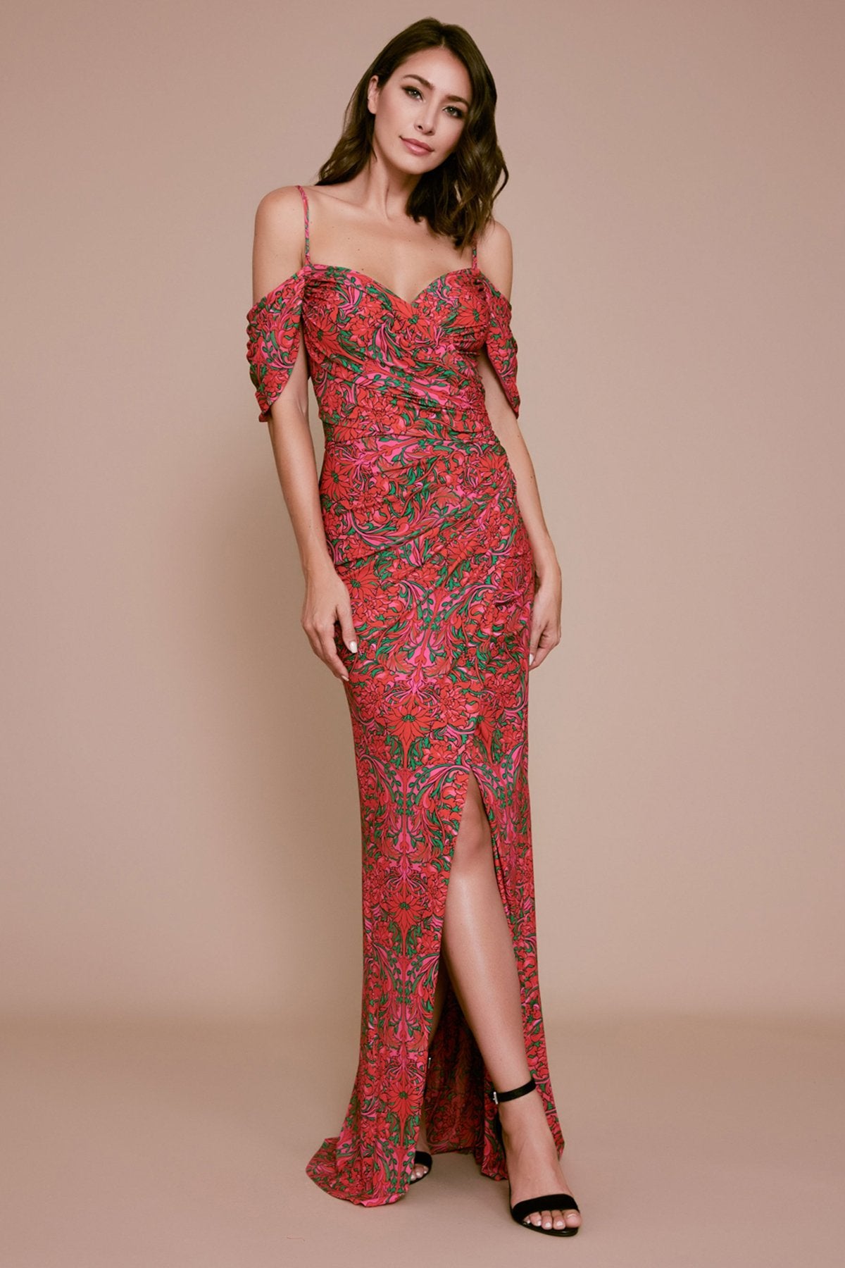 Tadashi Shoji - Tulum Draped Mesh Slit Gown