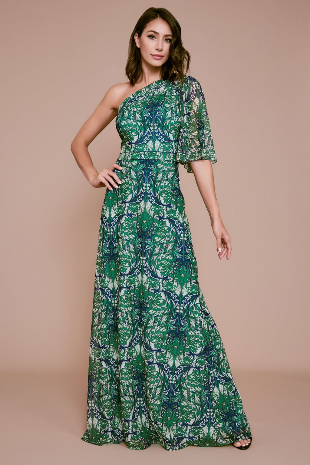 Tadashi Shoji - Kerrin Printed Mesh One-Shoulder Gown
