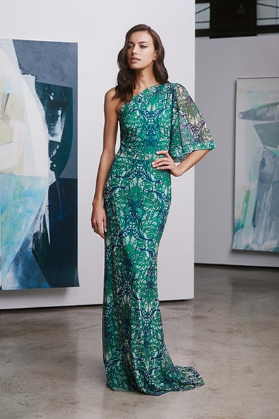 Kerrin Printed Mesh One-Shoulder Gown