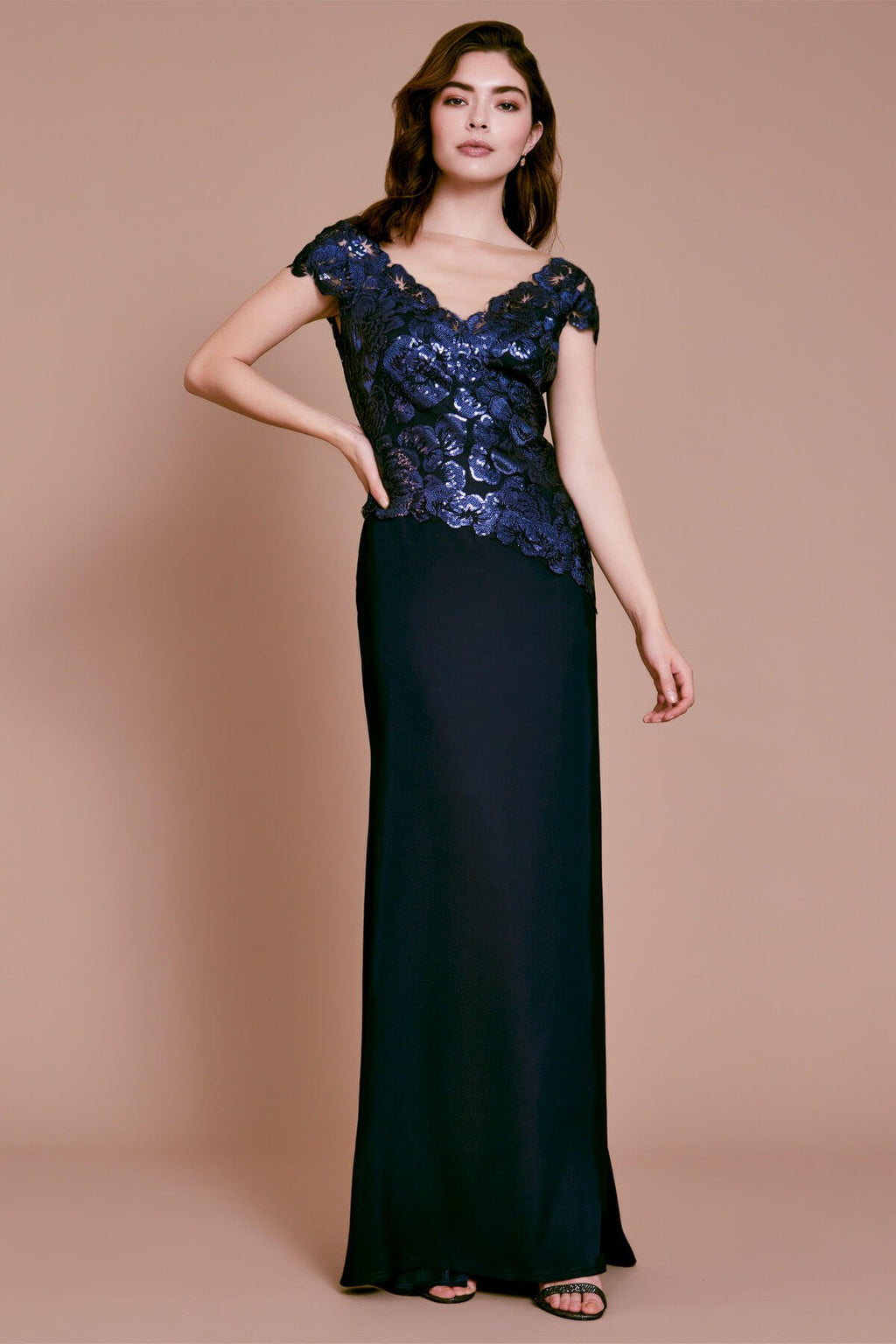 Alvaro Floral Sequin Embroidered Crepe Gown