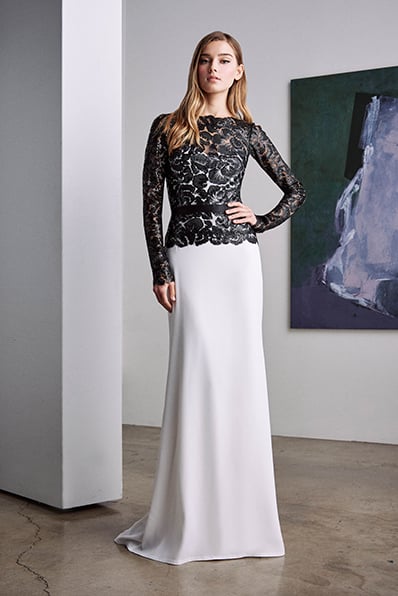 Bloom Long Sleeve Illusion Crepe Embroidered Gown