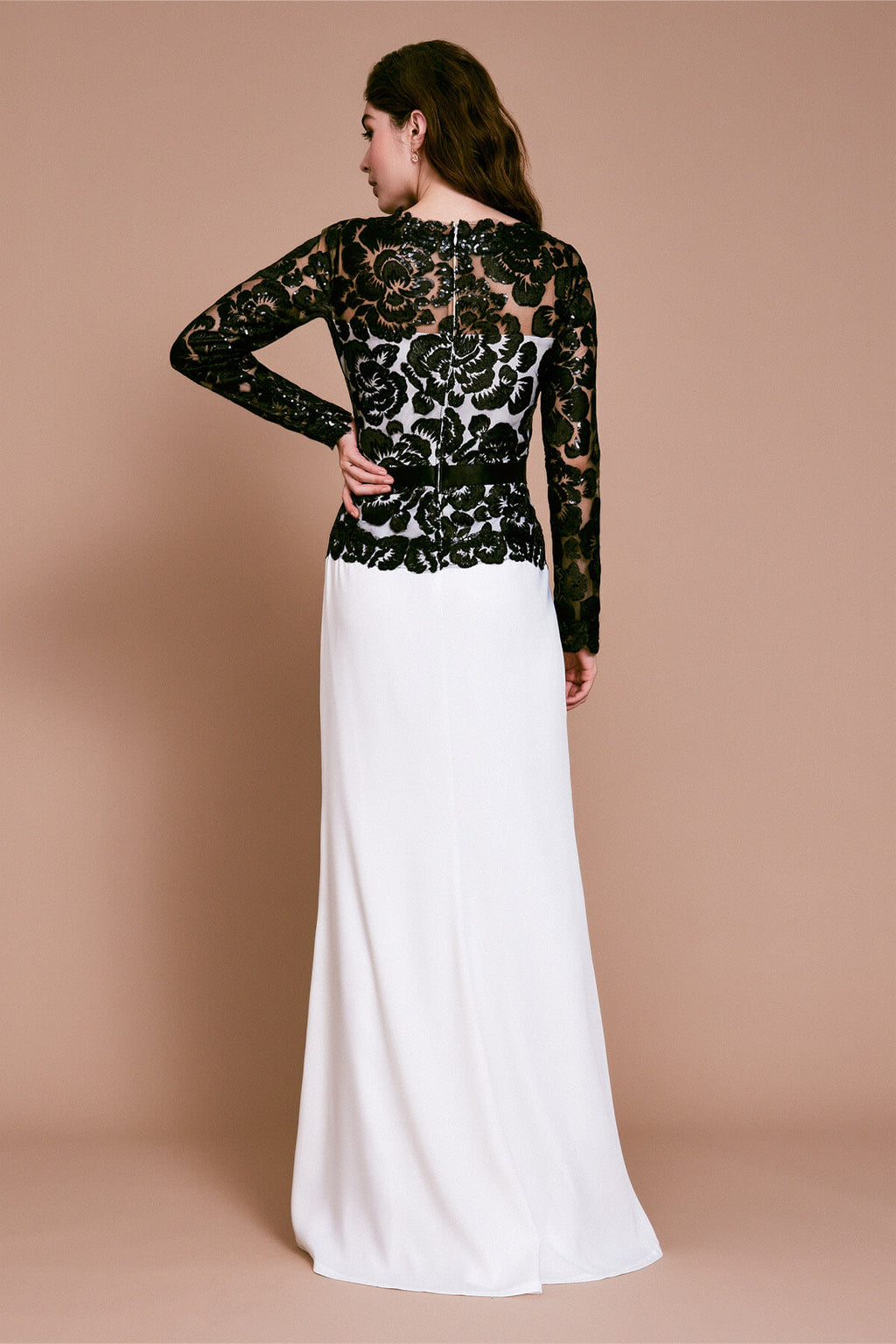 Bloom Long Sleeve Illusion Crepe Embroidered Gown