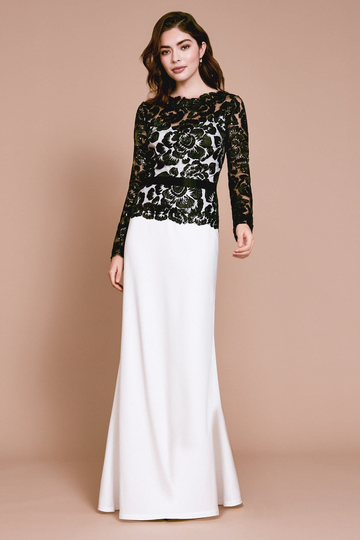 Bloom Long Sleeve Illusion Crepe Embroidered Gown
