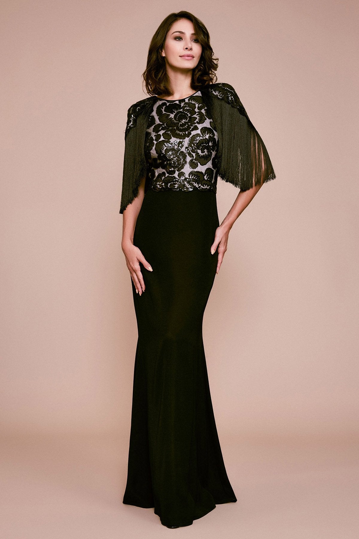 Tadashi Shoji - Terra Fringe Sleeve Crepe Gown