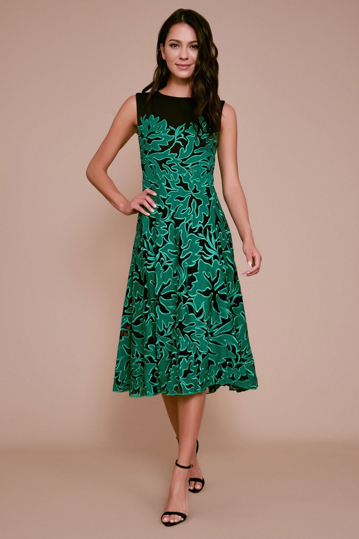 Tadashi Shoji - Brenna Floral Applique Tea-Length Dress