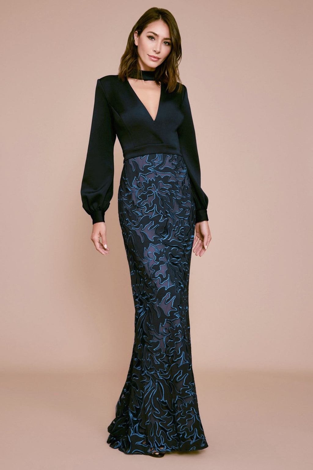 Tadashi Shoji - Elm Crepe Floral Applique Evening Gown