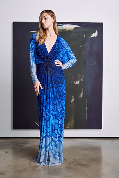 Vinca Printed Mesh Long-Sleeve Gown