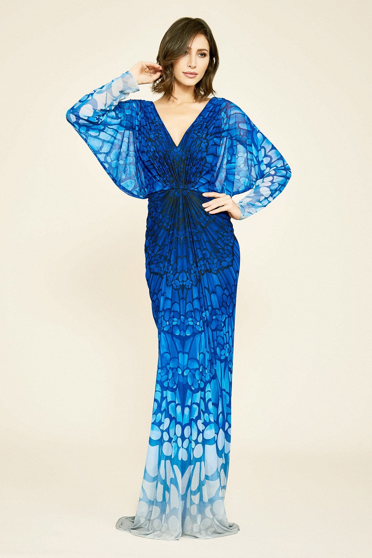 Tadashi Shoji - Vinca Printed Mesh Long-Sleeve Gown