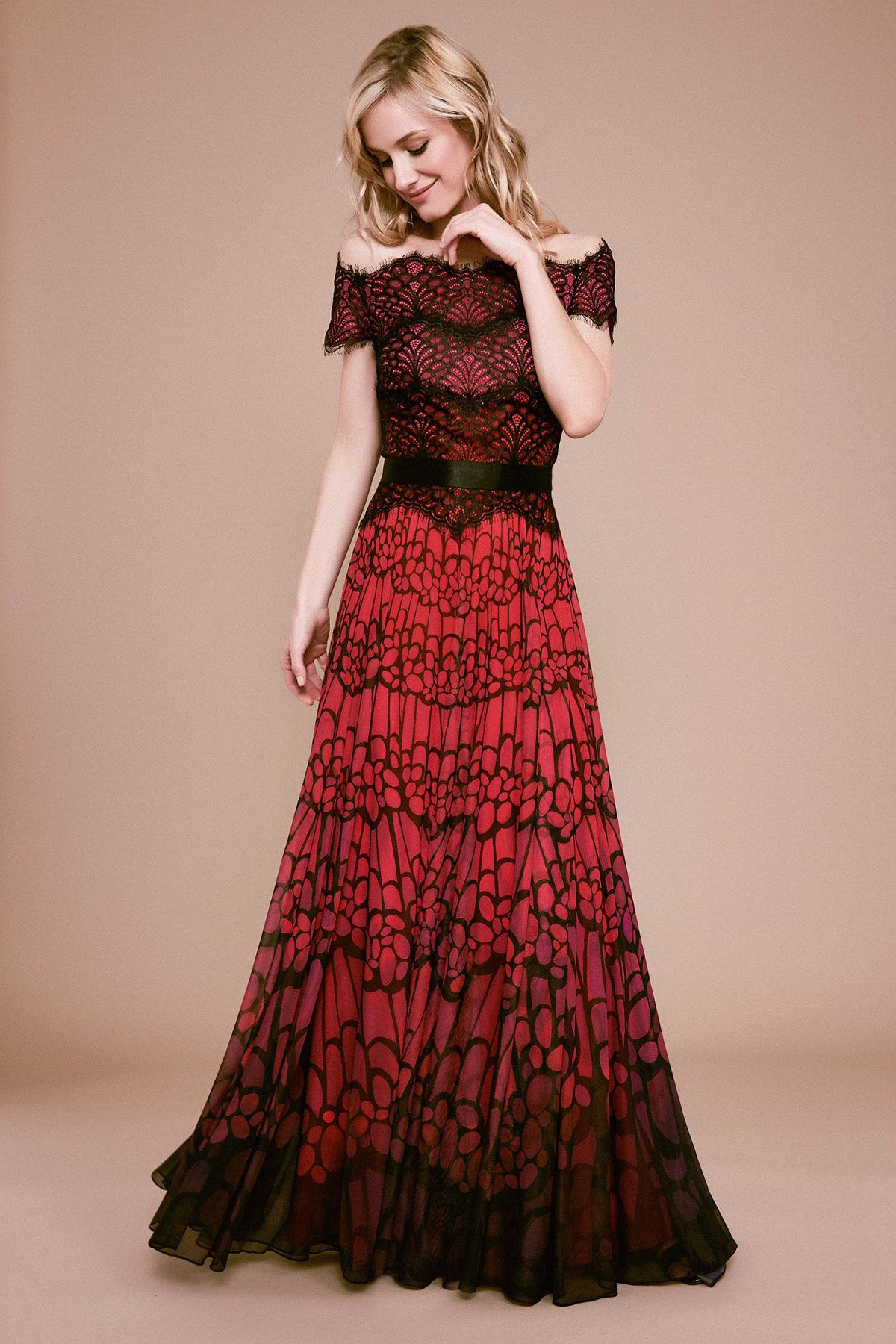 Itzel Off-The-Shoulder Lace & Mesh Gown – Tadashi Shoji Official Online  Boutique