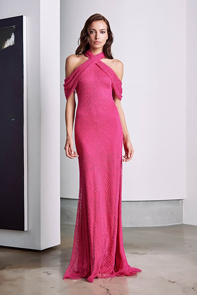 Fiorella Halter Embroidered Tulle Gown