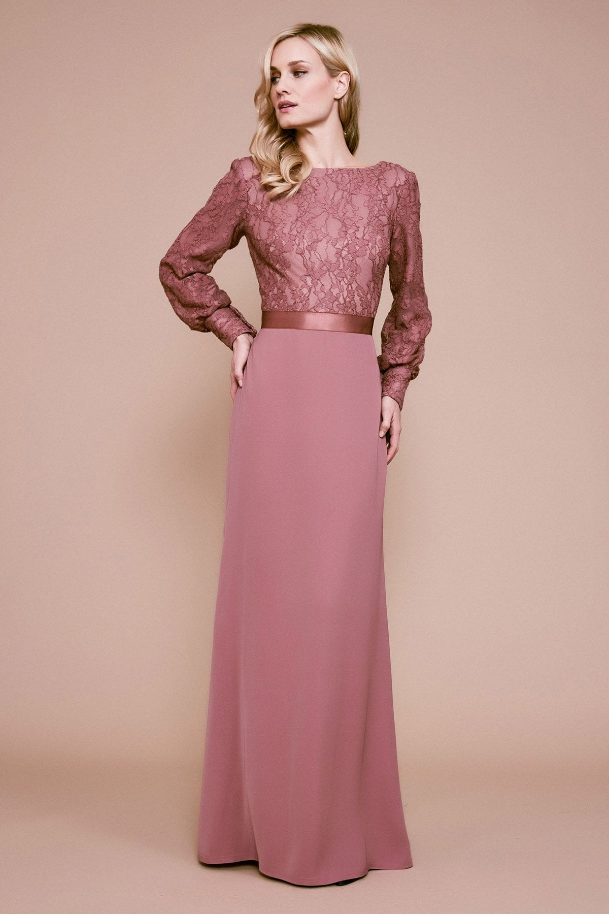 Rudee Long-Sleeve Lace & Crepe Gown
