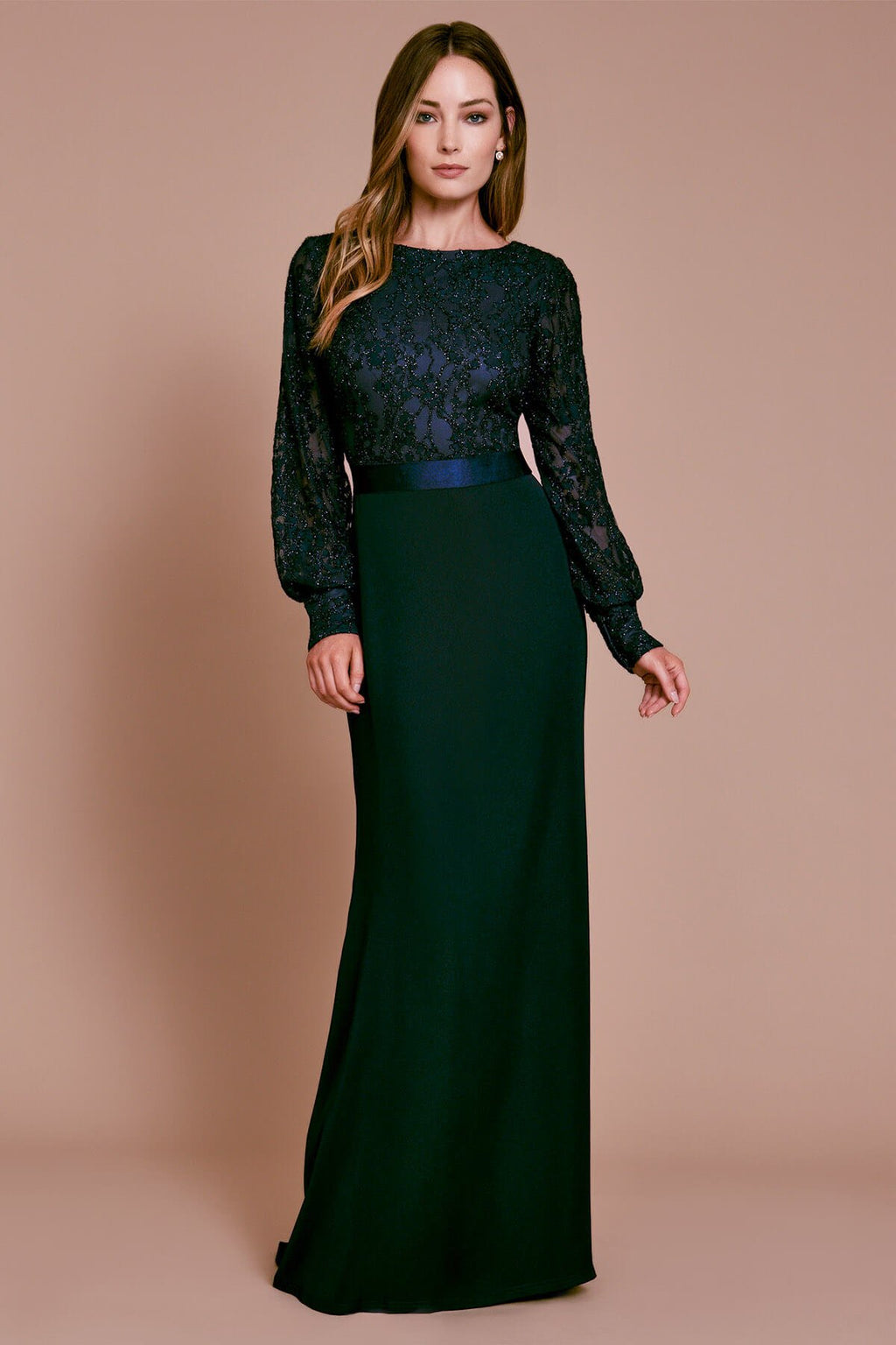 Rudee Long-Sleeve Lace & Crepe Gown