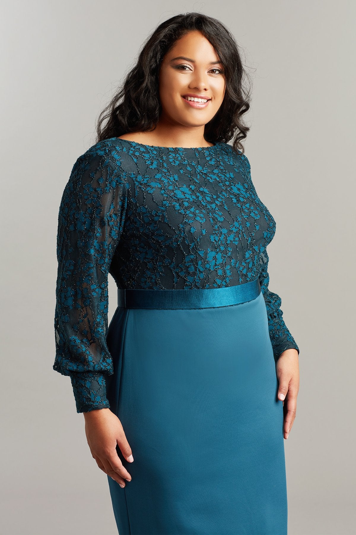 Ryman Long-Sleeve Lace & Crepe Dress-PLUS SIZE