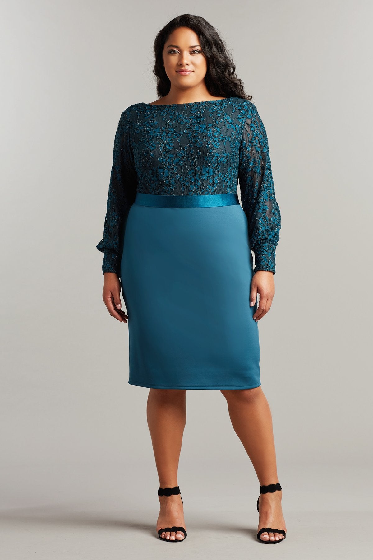 Ryman Long-Sleeve Lace & Crepe Dress-PLUS SIZE