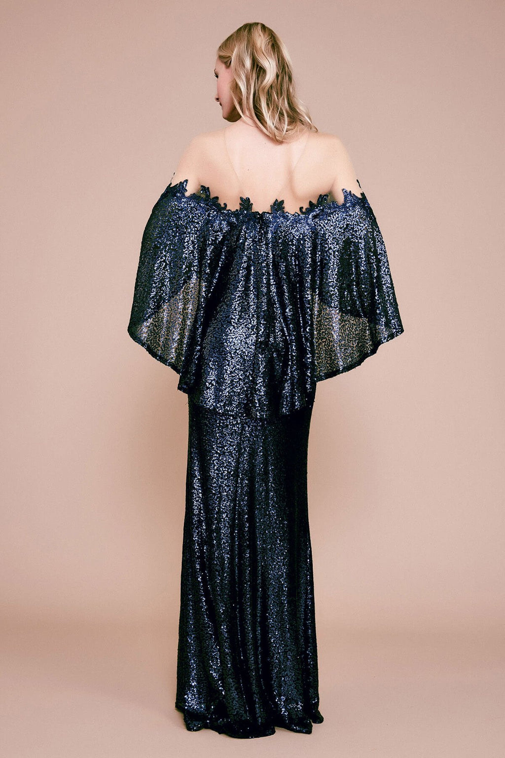 Tadashi Shoji - Phlox Capelet Sequin Slit Gown