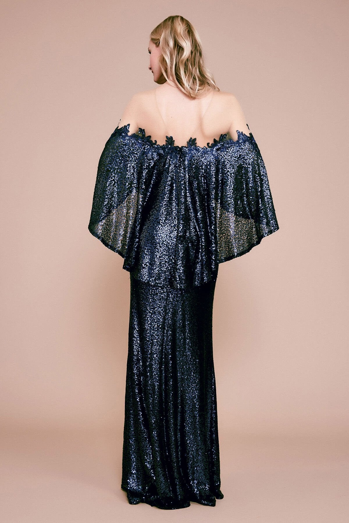 Tadashi Shoji - Phlox Capelet Sequin Slit Gown