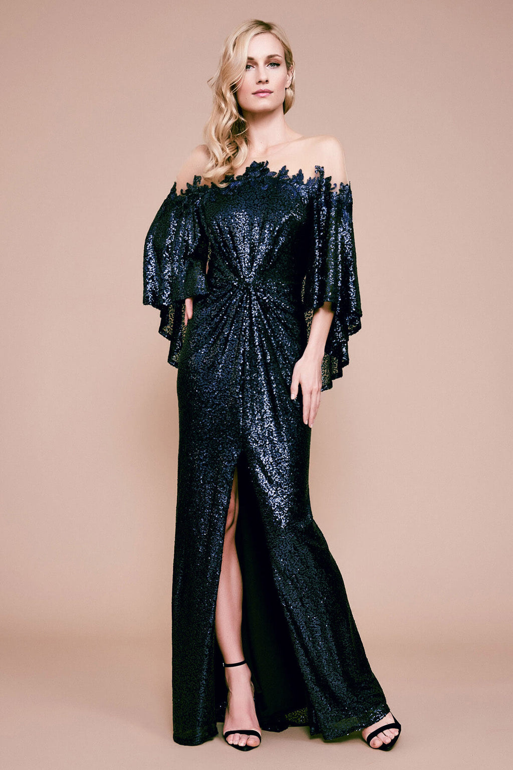 Tadashi Shoji - Phlox Capelet Sequin Slit Gown