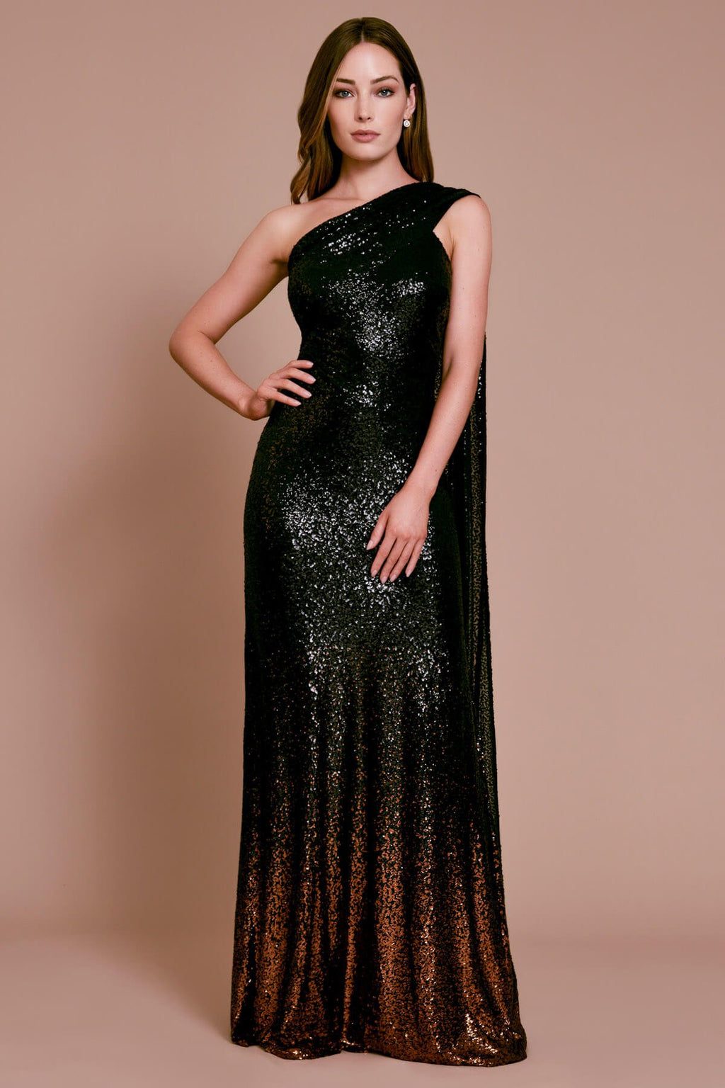 Bagan One-Shoulder Draped Sequin Gown