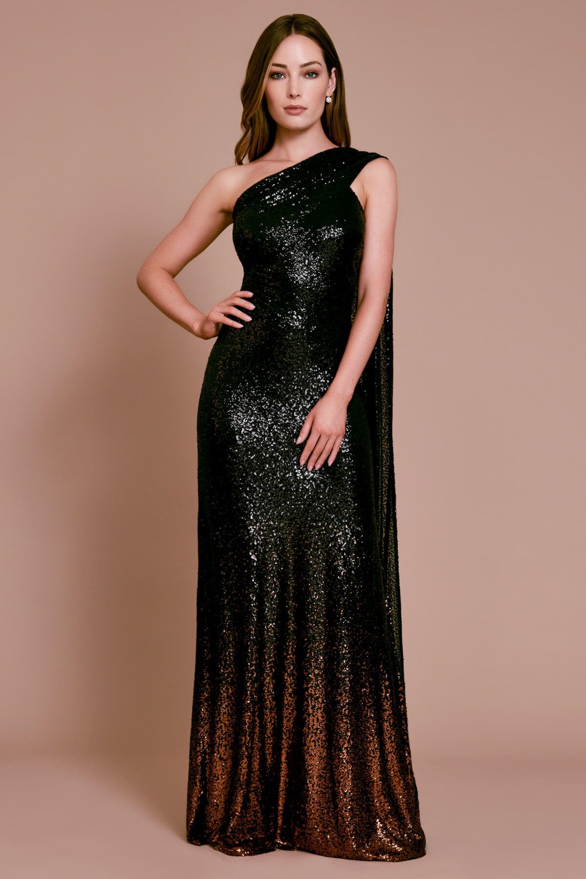 Bagan One-Shoulder Draped Sequin Gown