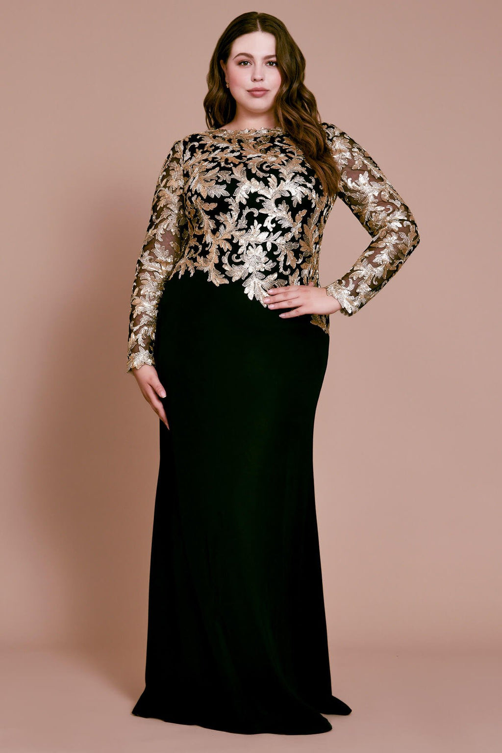 Kanya Long-Sleeve Crepe Gown-PLUS SIZE