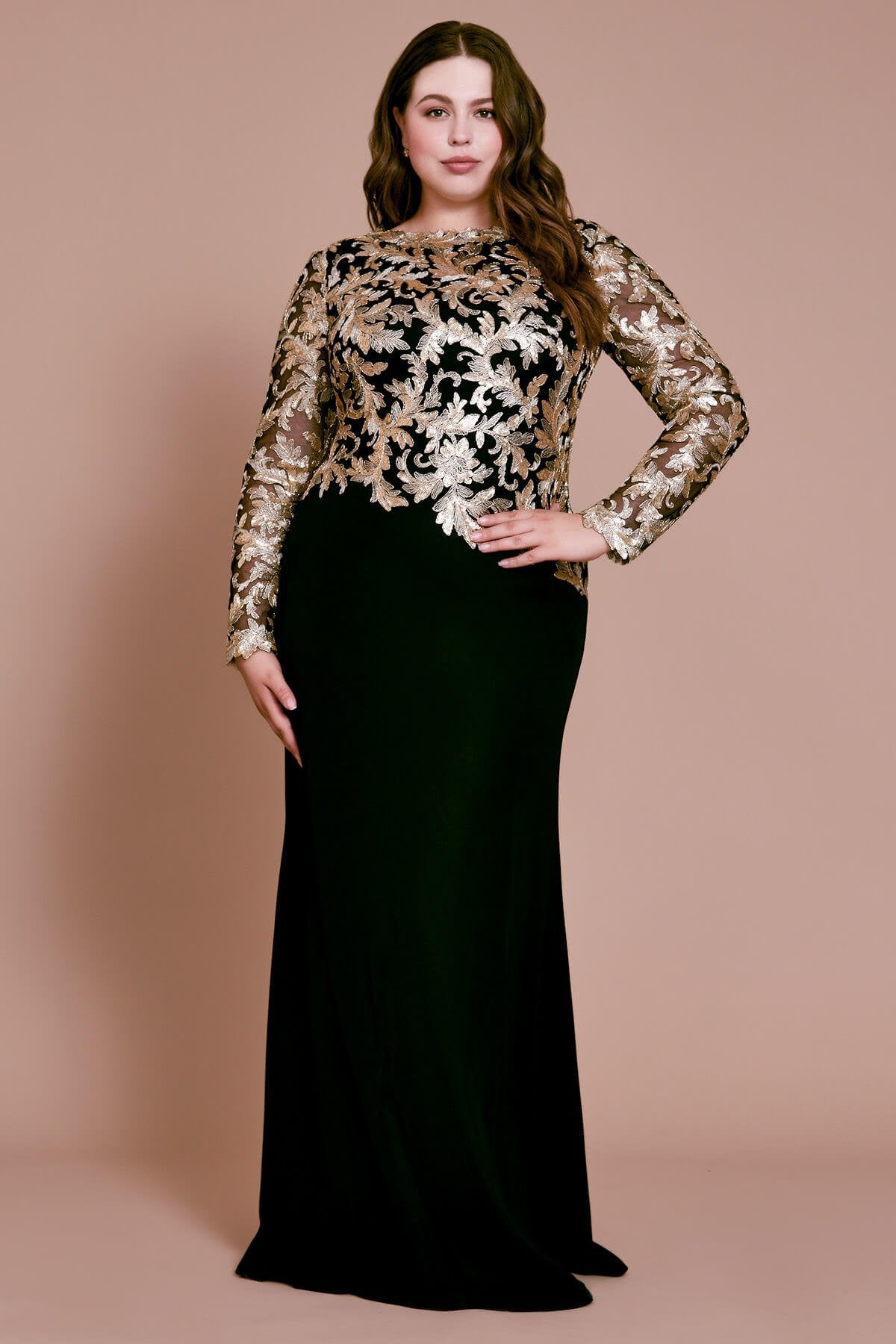 Kanya Long-Sleeve Crepe Gown-PLUS SIZE