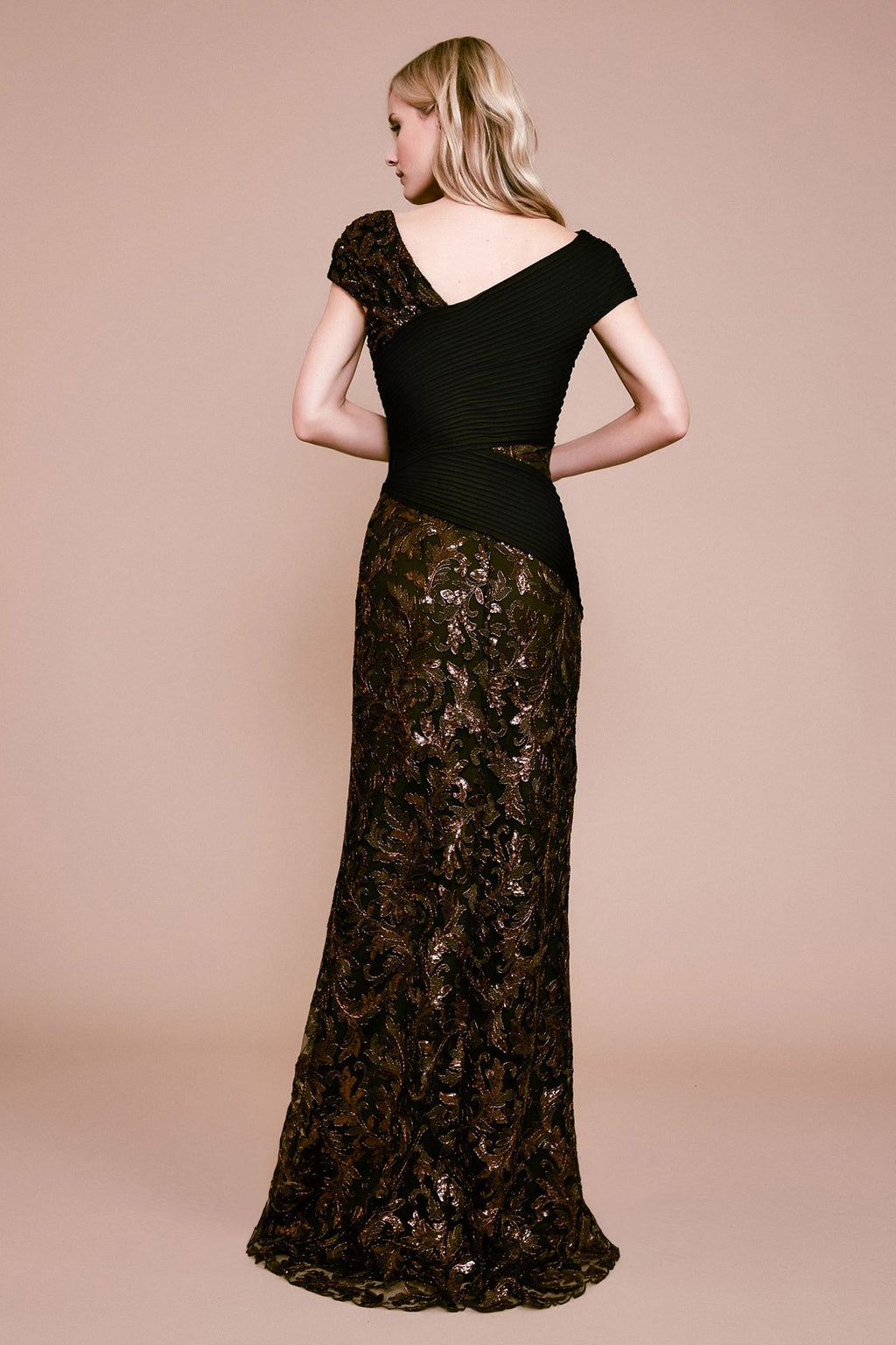 Anise Draped Pintuck Sequin Gown
