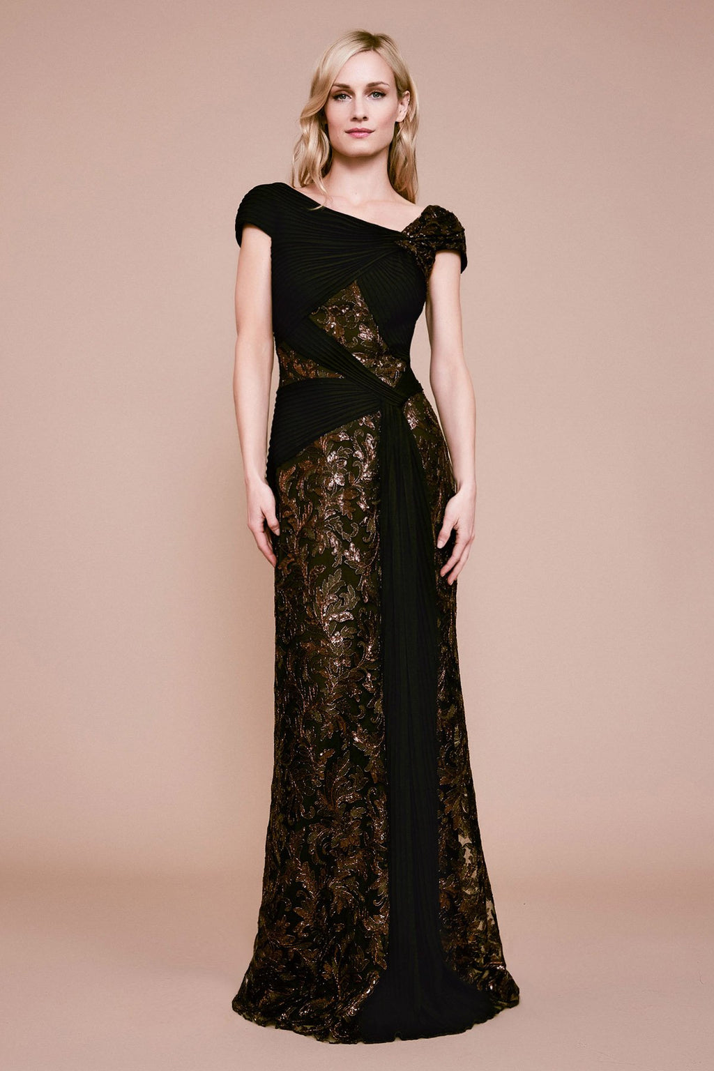 Anise Draped Pintuck Sequin Gown