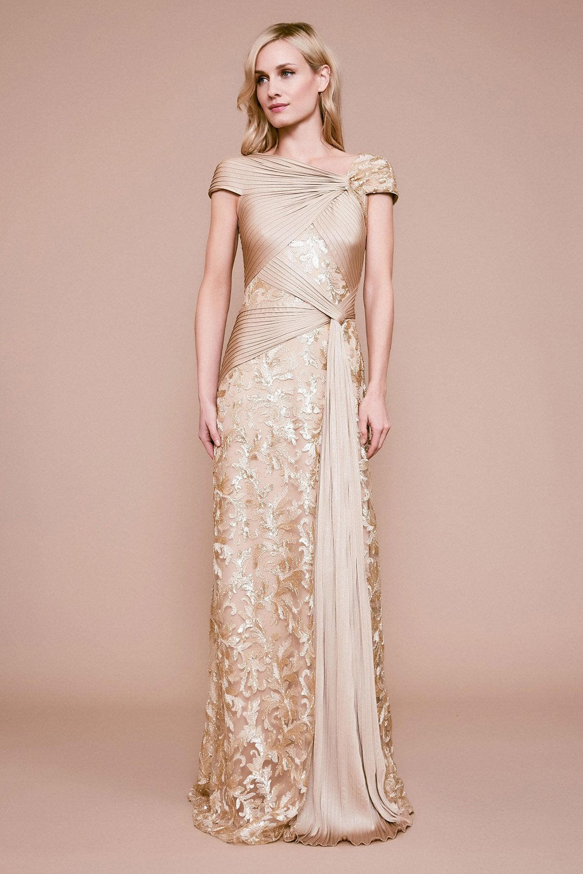 Anise Draped Pintuck Sequin Gown