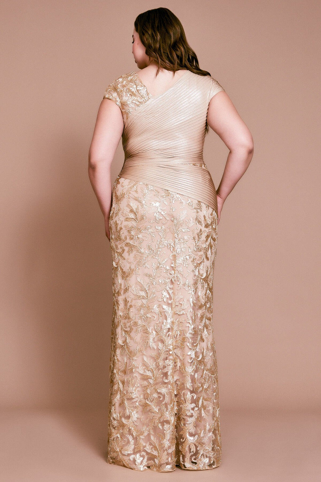 Anise Draped Pintuck Sequin Gown - PLUS SIZE