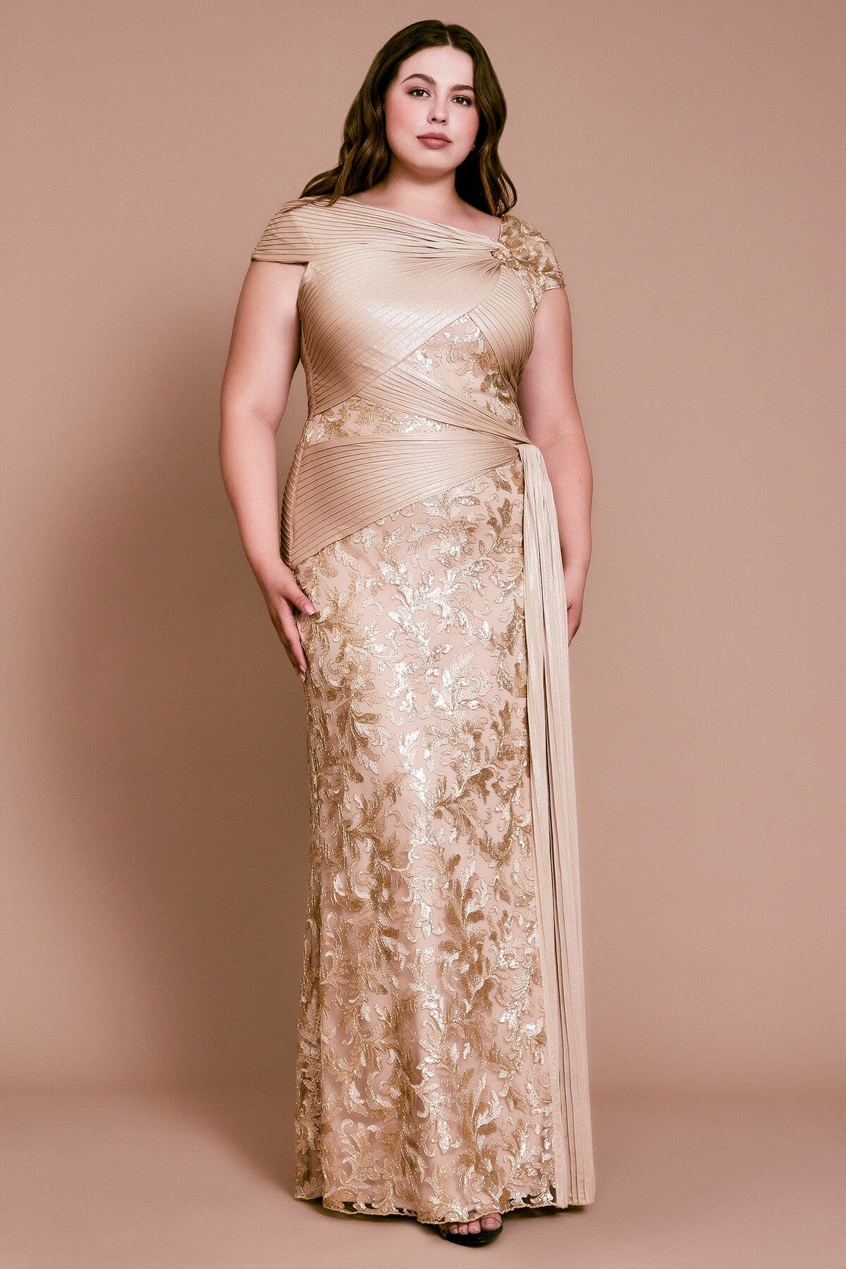 Anise Draped Pintuck Sequin Gown - PLUS SIZE