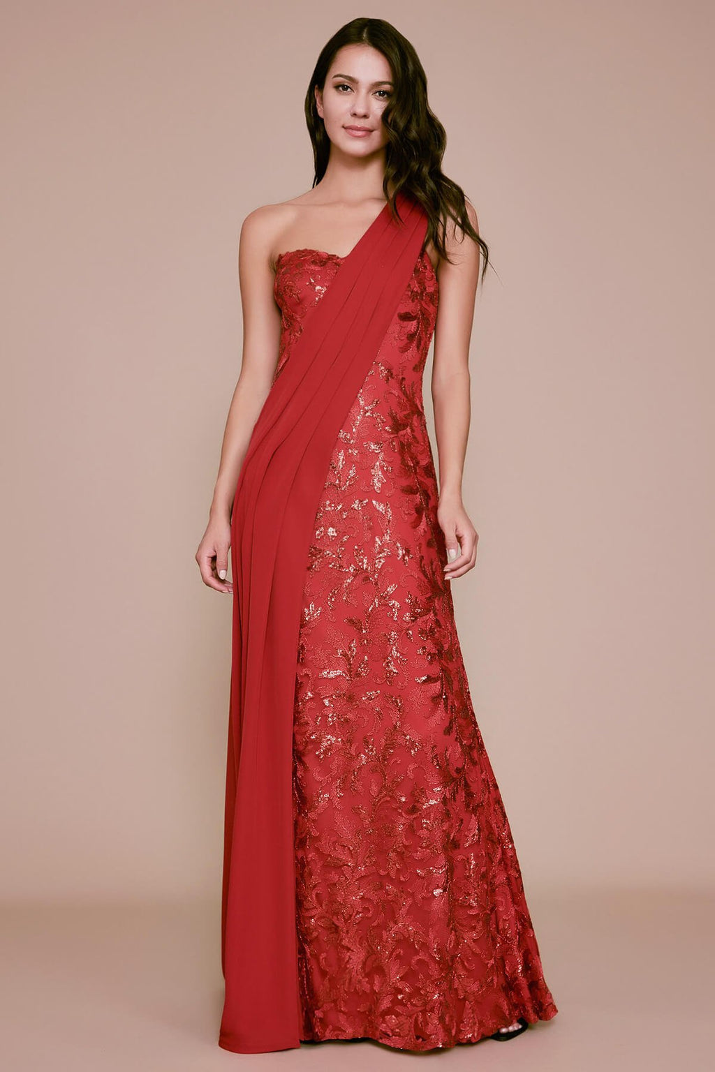 Tadashi Shoji - Pira One-Shoulder Sequin Crepe Gown