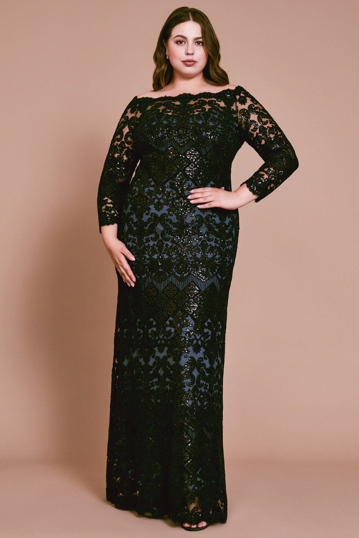 Eve Long-Sleeve Sequin Embroidered Gown
