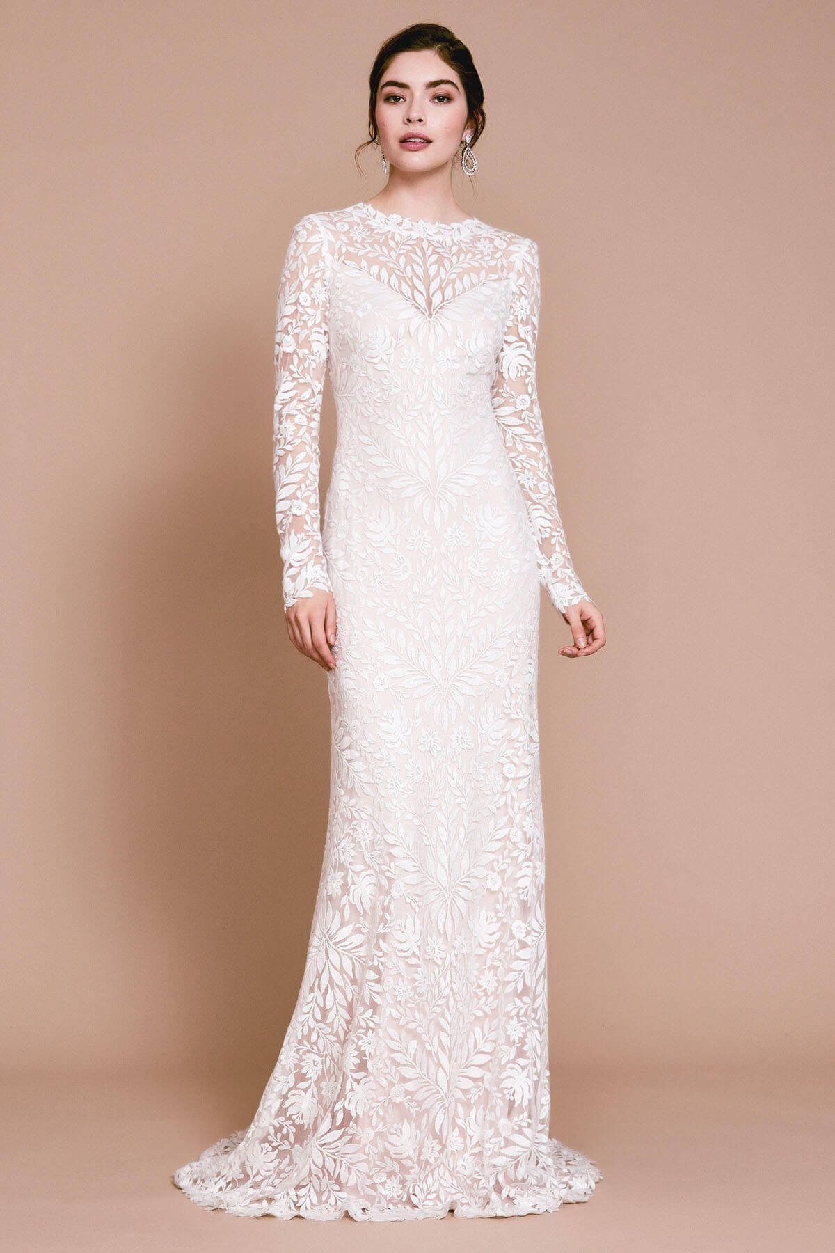 Zenner Leaf Embroidered Long-Sleeve Gown