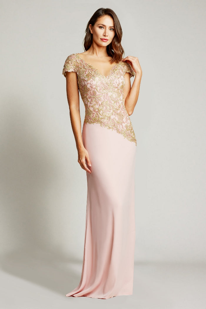 Friedan Metallic Crepe Gown