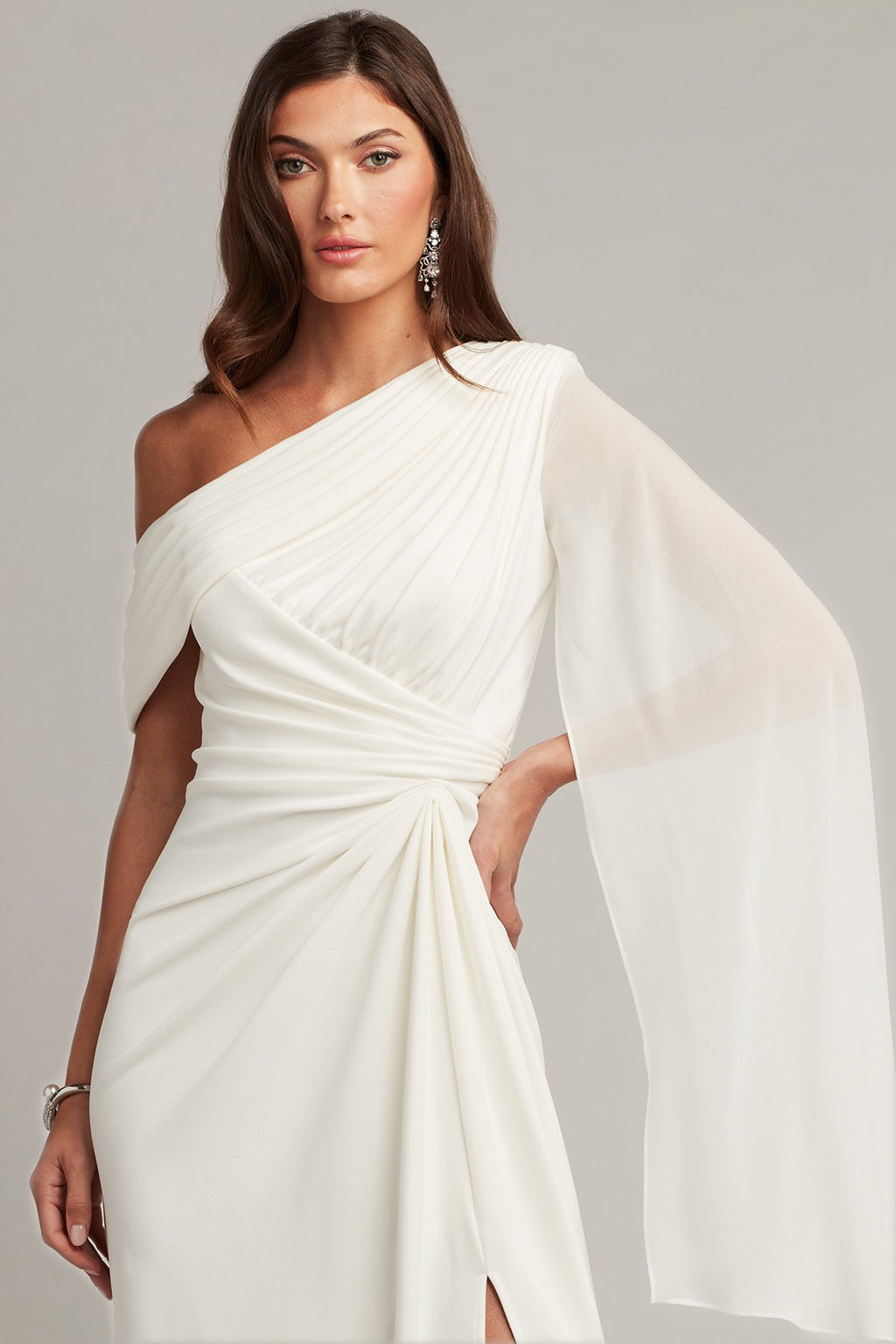 cape sleeve dress white Quill Draped Cape Sleeve Gown – Tadashi Shoji Official Online Boutique