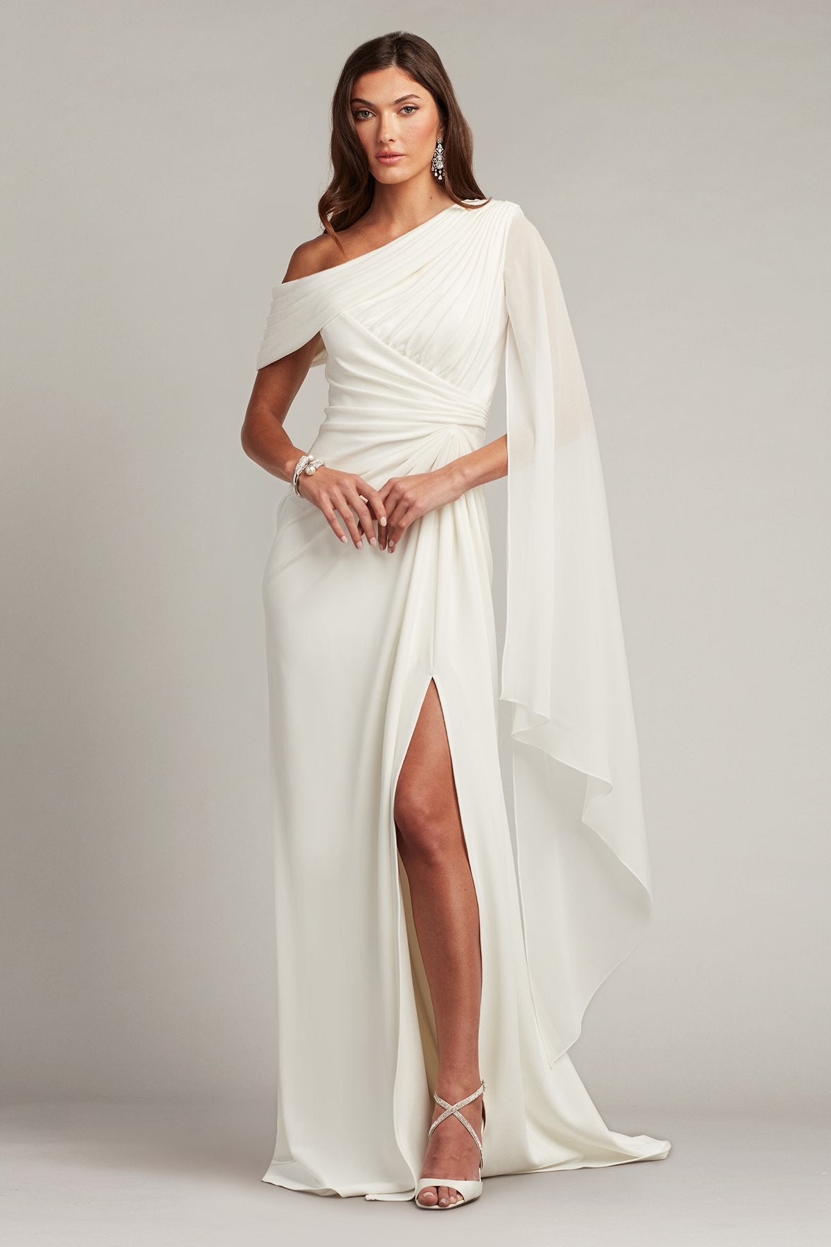 cape sleeve one shoulder dress One Shoulder Chiffon Cape Sleeve Gown