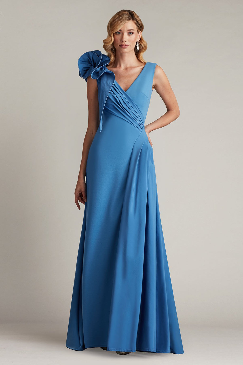 Barlowe Ruffled Shoulder Draped Crepe Gown