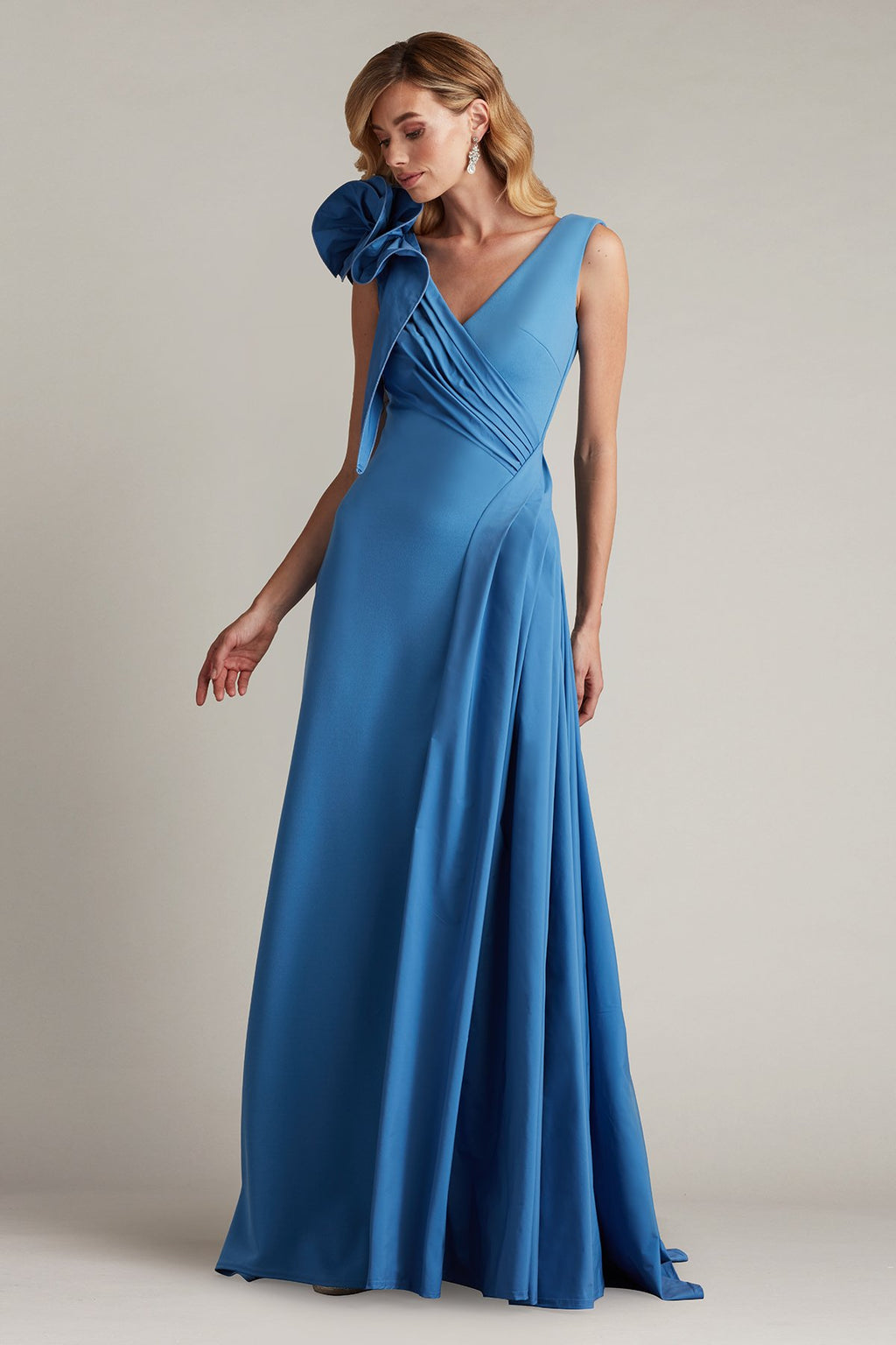 Barlowe Ruffled Shoulder Draped Crepe Gown