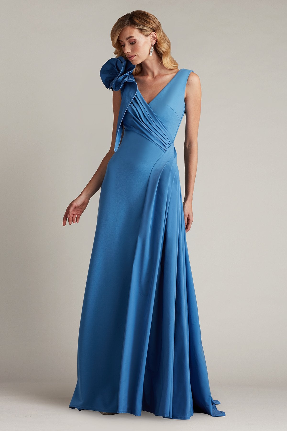 Barlowe Ruffled Shoulder Draped Crepe Gown