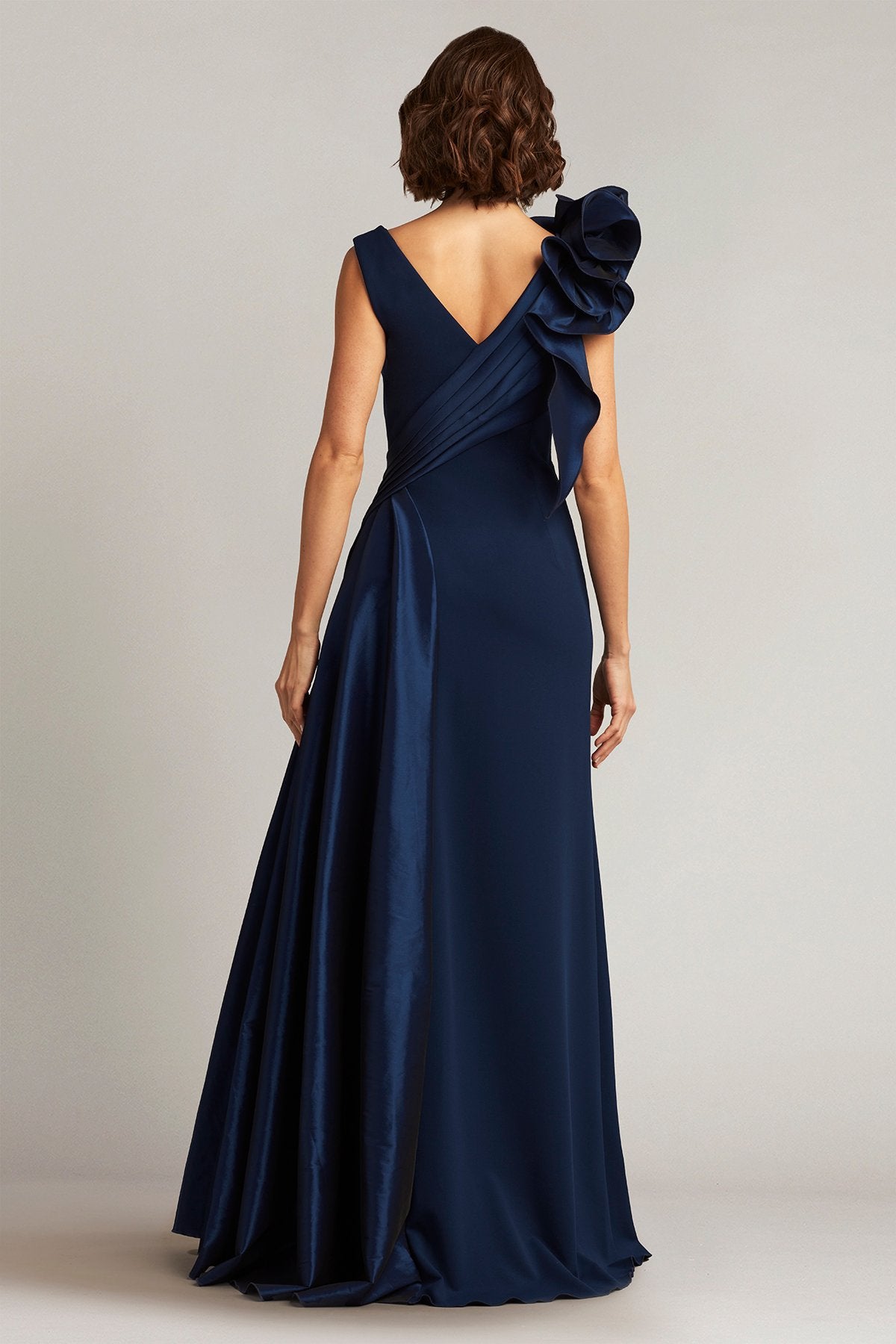 Barlowe Ruffled Shoulder Draped Crepe Gown