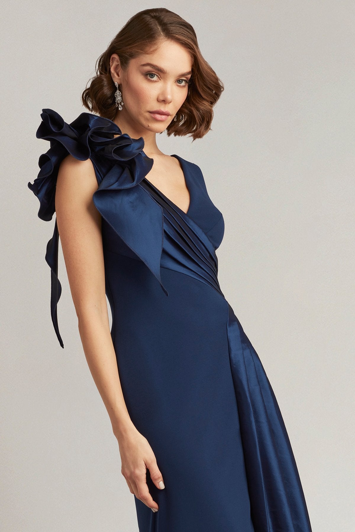 Barlowe Ruffled Shoulder Draped Crepe Gown