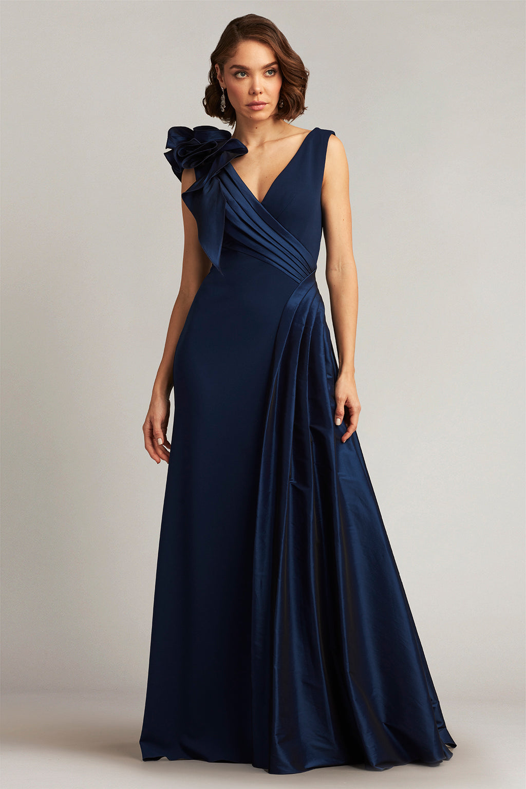 Barlowe Ruffled Shoulder Draped Crepe Gown